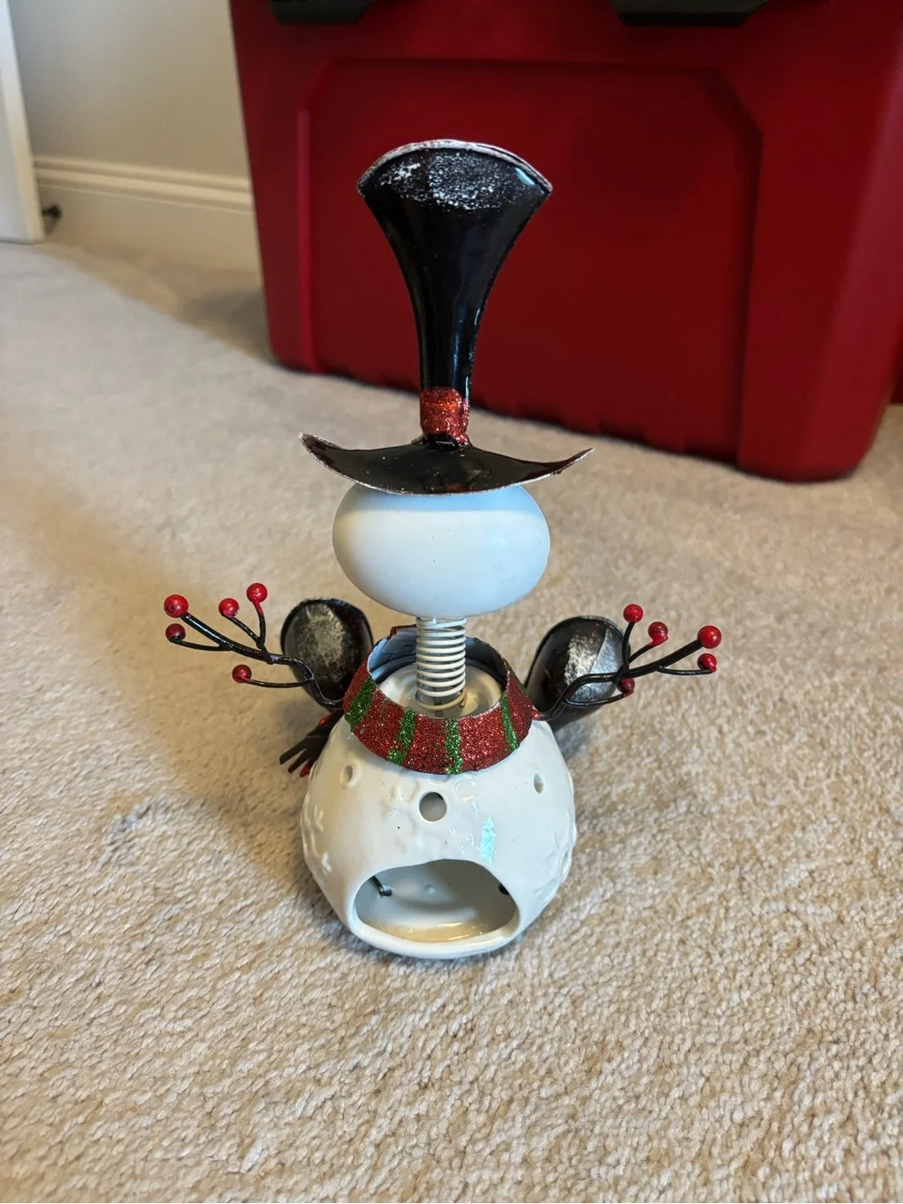 Pier 1 White Snowman Bobblehead Candle Holder